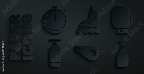 Set Whistle, Boxing glove, Punching bag, Bowling pin, Roller skate and Stopwatch icon. Vector