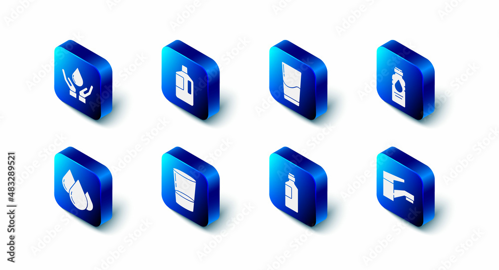 Set Big bottle with clean water, Glass, Bottle of, Water tap, drop and Washing hands soap icon. Vector Set Big bottle with clean water, Glass, Bottle of, Water tap, drop and Washing hands soap icon. Vector