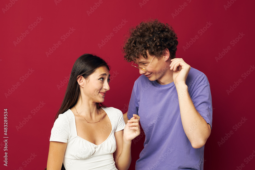 nice guy and girl hand gesture fun friendship red background nice guy and girl hand gesture fun friendship red background