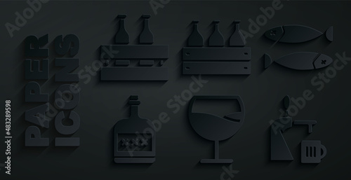 Set Wine glass, Dried fish, Alcohol drink Rum bottle, Beer tap with, Bottles of wine wooden box and Pack beer bottles icon. Vector