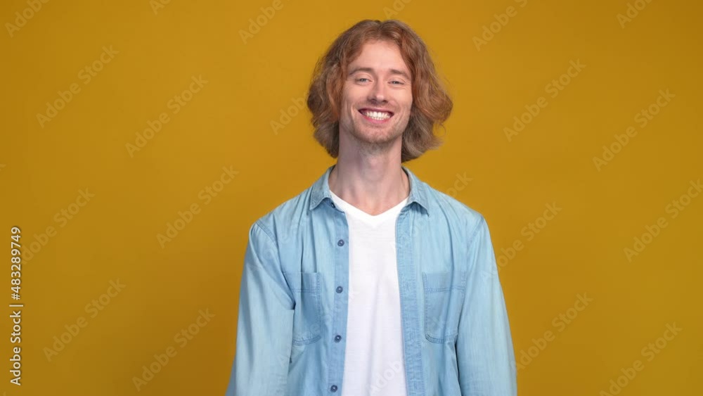 Guy promote himself make thumb up symbol isolated bright color background Guy promote himself make thumb up symbol isolated bright color background