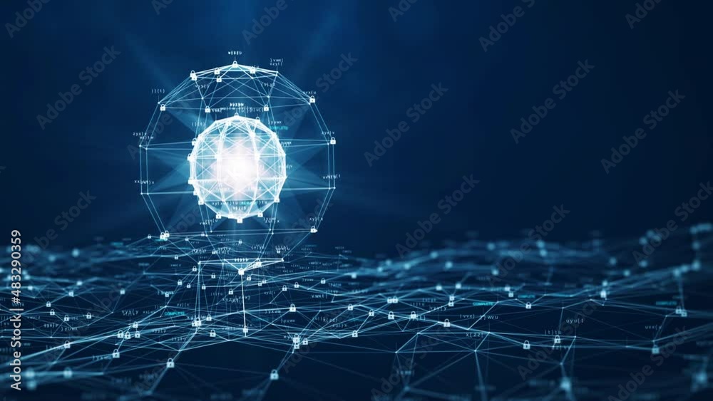 Cybersecurity and Big Data Protection Technology Concept Video. The prominent rotating sphere is on the left, the small binary padlock polygon wave acts as a slow-moving interconnection.