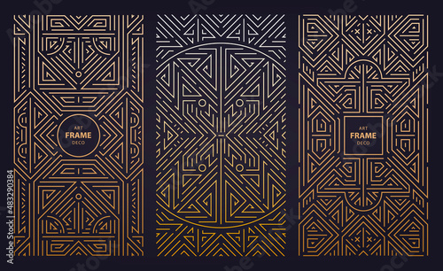 Vector set of monogram design in trendy vintage and mono line style with space for text, abstract golden geometric frames, luxury packaging templates. Use for ad, poster, card, cover.