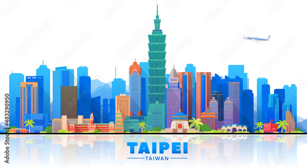 Obraz premium Taipei ( Taiwan ) skyline with panorama in white background. Vector Illustration. Business travel and tourism concept with modern buildings. Image for presentation, banner, website.