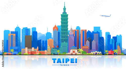 Taipei ( Taiwan ) skyline with panorama in white background. Vector Illustration. Business travel and tourism concept with modern buildings. Image for presentation, banner, website.