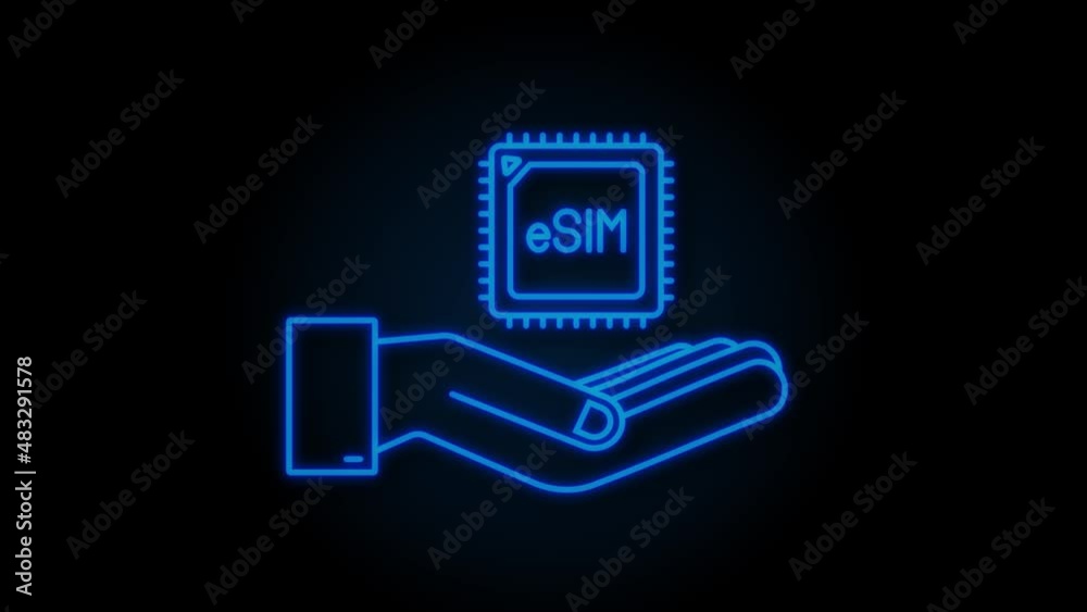 Neon 5G eSIM Embedded SIM card with hands icon symbol concept. new chip mobile cellular communication technology. motion graphic Neon 5G eSIM Embedded SIM card with hands icon symbol concept. new chip mobile cellular communication technology. motion graphic