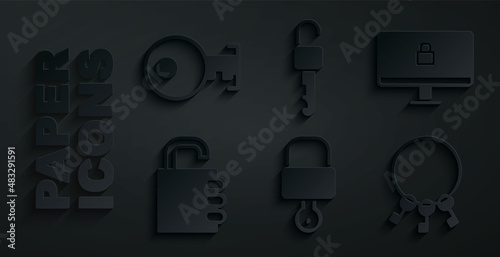 Set Lock and key, on computer monitor, Safe combination lock, Bunch of keys, Unlocked and Key icon. Vector
