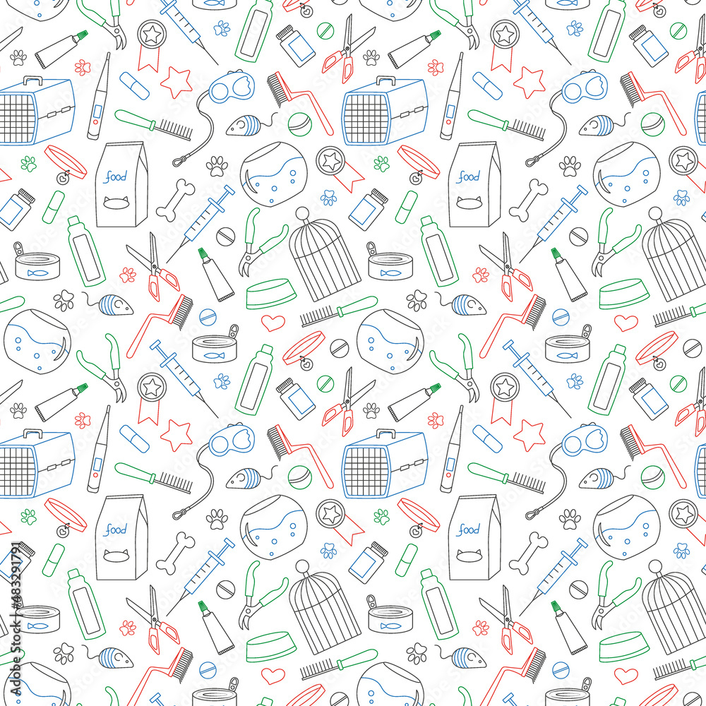 Seamless background on the topic of pet care, pet shop, simple contour icons, simple colored contour icons on white background Seamless background on the topic of pet care, pet shop, simple contour icons, simple colored contour icons on white background