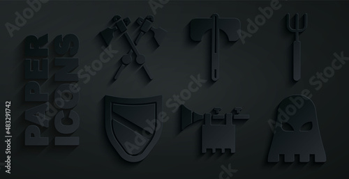 Set Trumpet with flag, Garden pitchfork, Shield, Executioner mask, Medieval axe and Crossed medieval axes icon. Vector