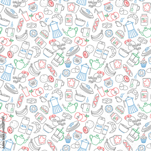 Seamless pattern on theme of food and breakfast , simple contour icons,painted with colored markers on white background