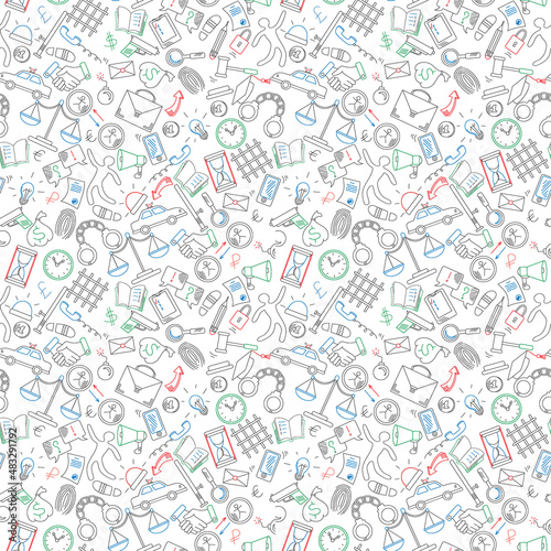 Seamless pattern on the theme of crime and punishment, a colored marker on white background