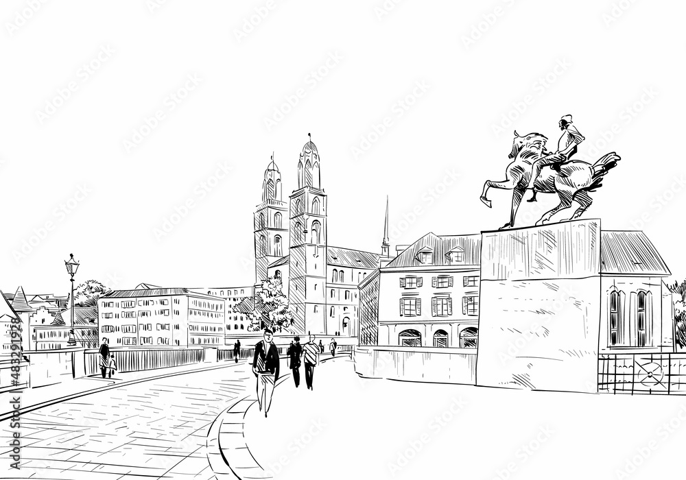 Zurich. Switzerland. Europe. Grossmunster Church. Hand drawn vector illustration.