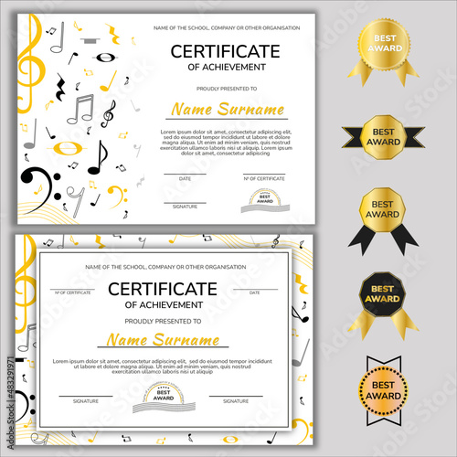 Certificate of Musical Achievement. Music Award Certificate. For adults and kids musical competitions. Fully editable.
