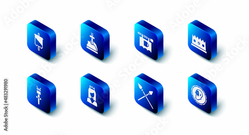 Set Sword in the stone, Street signboard with Bar, King crown, Ancient coin, Crossed medieval spears, Princess, Torch flame and Medieval flag icon. Vector