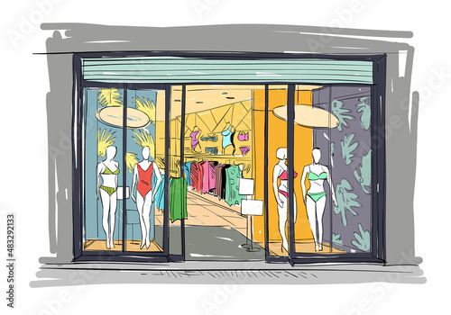 Fashion store shopfront hand drawn sketch interior design. Vector illustration