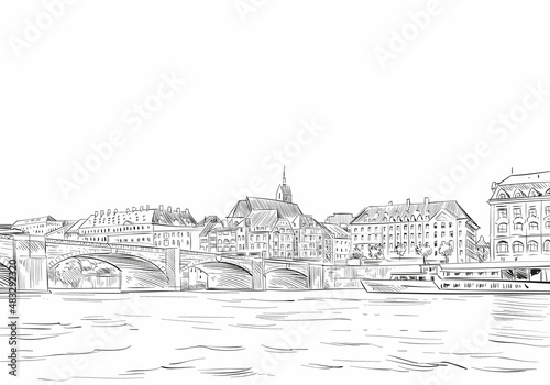 Basel. River Rhine. Switzerland. Europe. Hand drawn vector illustration.