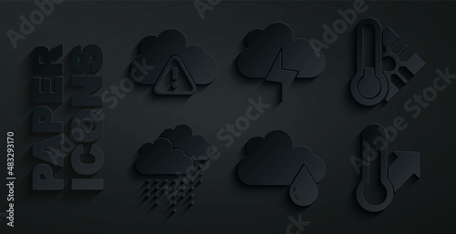 Set Cloud with rain, Meteorology thermometer, Storm and warning icon. Vector