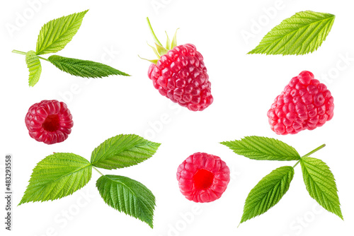 Set of raspberries and green leaves isolated on a white background.