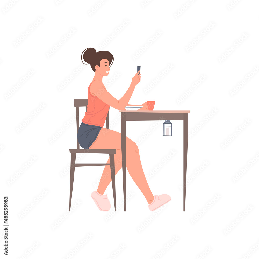 Fototapeta premium Young smiling woman chatting use smartphone at home table having breakfast, lunch or dinner vector
