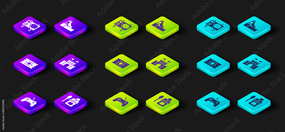Set Gamepad, Ice cream in bowl, Ticket, Castle, Water slide and Amusement park billboard icon. Vector Set Gamepad, Ice cream in bowl, Ticket, Castle, Water slide and Amusement park billboard icon. Vector