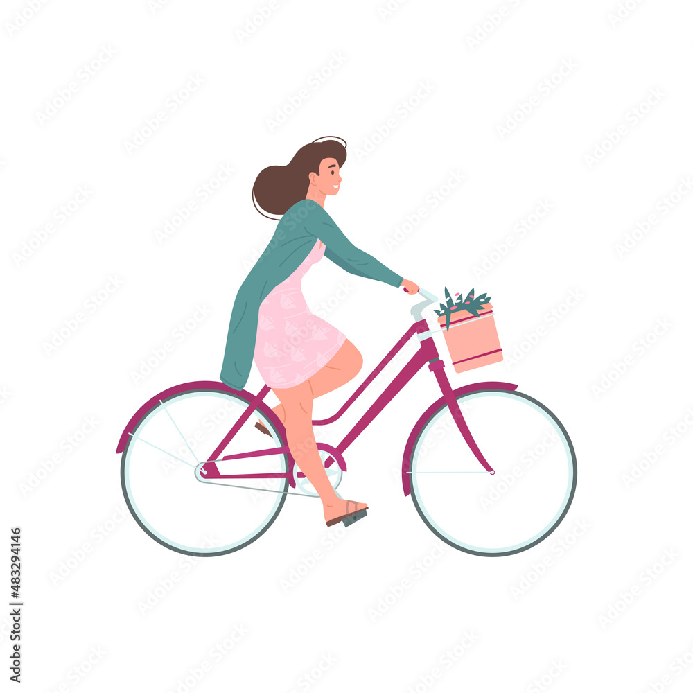 Happy woman in elegant dress riding bicycle with flower basket vector flat illustration Happy woman in elegant dress riding bicycle with flower basket vector flat illustration