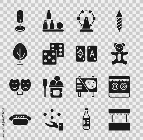Set Ticket box office, Shooting gallery, Teddy bear plush toy, Ferris wheel, Game dice, Tree, and Tarot cards icon. Vector