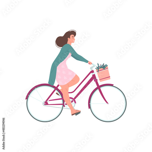 Happy woman in elegant dress riding bicycle with flower basket vector flat illustration