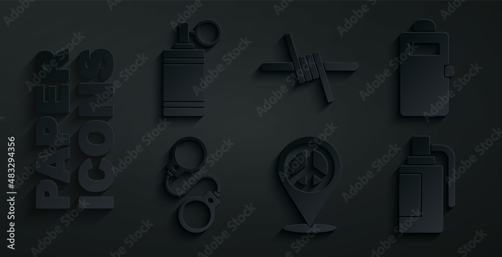 Set Location peace, Police assault shield, Handcuffs, grenade, Barbed wire and icon. Vector