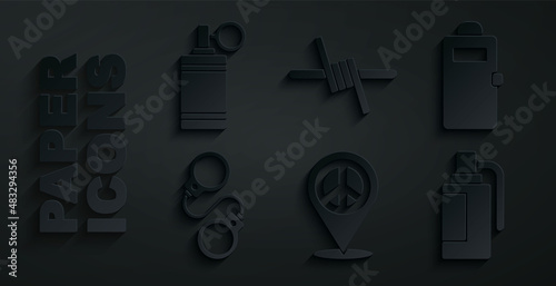 Set Location peace, Police assault shield, Handcuffs, grenade, Barbed wire and icon. Vector