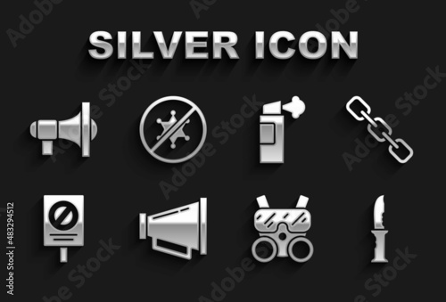 Set Megaphone, Chain link, Military knife, Gas mask, Protest, Pepper spray, and icon. Vector