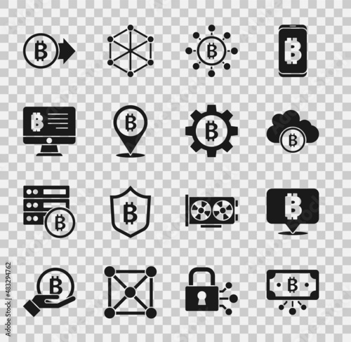 Set Bitcoin with circuit, Cryptocurrency cloud mining, Blockchain technology, Mining bitcoin from monitor, and icon. Vector