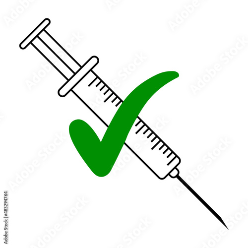 Vaccinated patient icon, syringe and green tick sign of vaccination