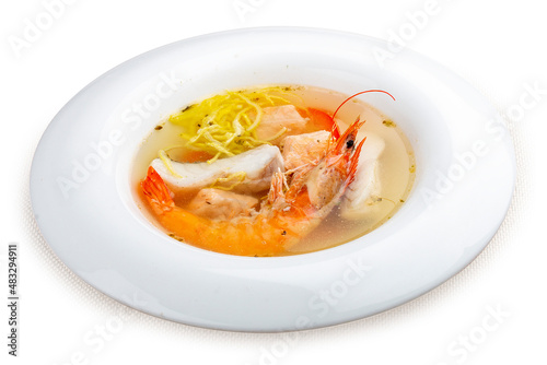 Fish soup with salmon, perch and king prawns.