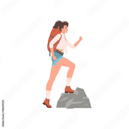 Active smiling woman hiker with backpack climbing on cliff rock vector flat illustration