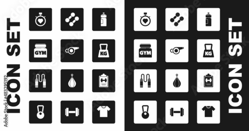 Set Fitness shaker, Whistle, Sports nutrition, Heart in the center stopwatch, Weight, Dumbbell, training program and Jump rope icon. Vector