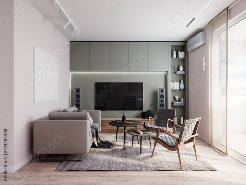 Modern small living room interior with TV wall feature 3D Rendering, 3D Illustration