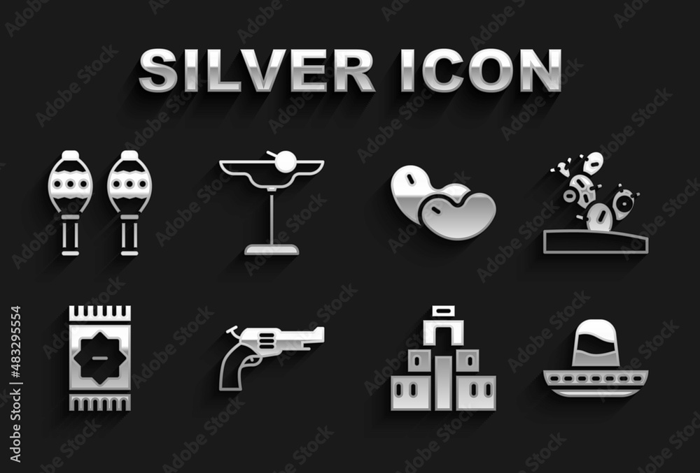 Set Revolver gun, Cactus, Mexican sombrero, Chichen Itza in Mayan, carpet, Beans, Maracas and Margarita cocktail icon. Vector Set Revolver gun, Cactus, Mexican sombrero, Chichen Itza in Mayan, carpet, Beans, Maracas and Margarita cocktail icon. Vector