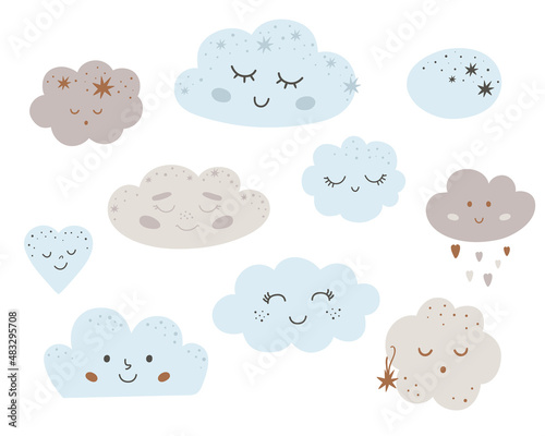 Baby clouds icin set. Sleeping cloud collection. Smiling clouds elements isolated on white. Cute nursery sleepy design. Childish logo set. Nursery sweet dream vector illustration. photo