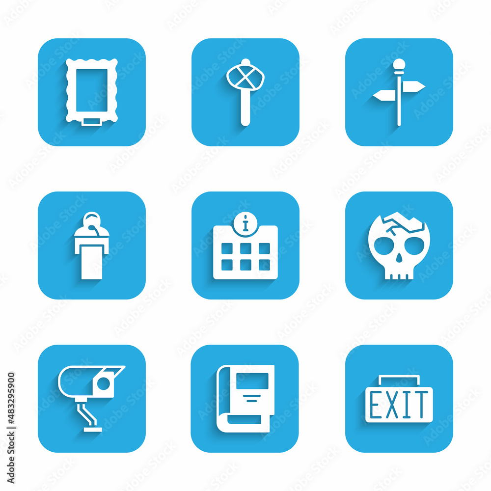 Set Information, History book, Exit sign, Broken human skull, Security camera, Gives lecture, Road traffic signpost and Picture icon. Vector Set Information, History book, Exit sign, Broken human skull, Security camera, Gives lecture, Road traffic signpost and Picture icon. Vector