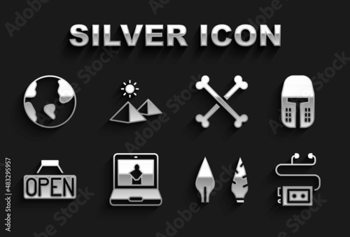 Set Online museum, Medieval iron helmet, Museum audio guide, Stone age arrow head, Hanging sign with Open, Crossed human bones, Earth globe and Egypt pyramids icon. Vector