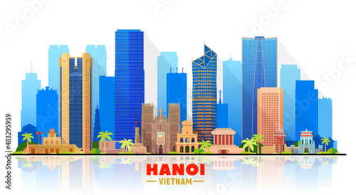 Hanoi ( Vietnam ) skyline with panorama in white background. Vector Illustration. Business travel and tourism concept with modern buildings. Image for presentation, banner, website.
