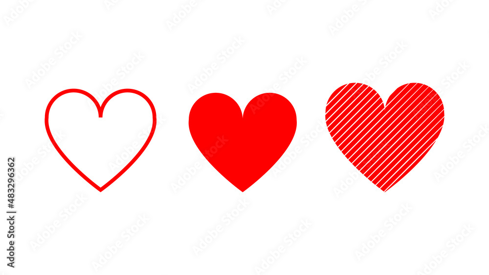 red heart shape set. love and care symbol with different style isolated on white background for decorative graphic design 