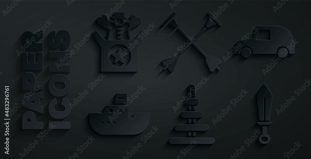 Fototapeta premium Set Pyramid toy, Toy car, boat, Sword, Arrow with sucker tip and Jack in the box icon. Vector