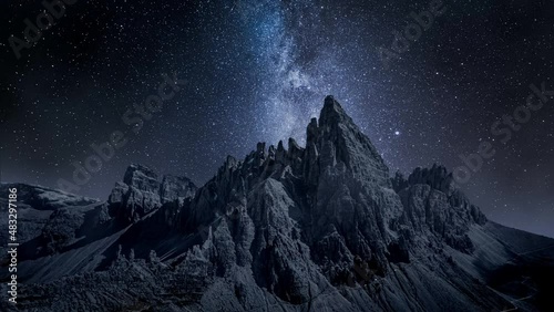 Milky way over Monte Paterno, Dolomites. Mountain hiking at night. photo