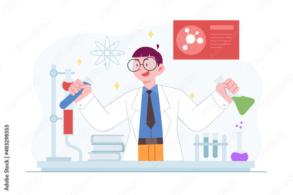Science concept vector Illustration idea for landing page template, scientist in laboratory experiment research, biology, chemistry, physics knowledge scientific innovation. Hand drawn Flat Style Science concept vector Illustration idea for landing page template, scientist in laboratory experiment research, biology, chemistry, physics knowledge scientific innovation. Hand drawn Flat Style