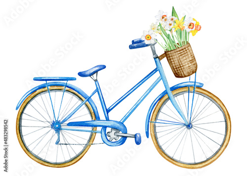 Watercolor hand drawn blue bicycle, spring floral clipart, isolated illustration on white background. 