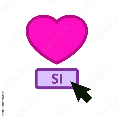 Logotipo con texto Sí en español con silueta de corazón con puntero del cursor del mouse en botón para suscribirse y seguir con líneas