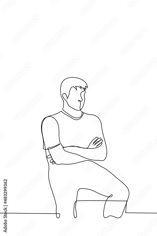 man with inflated shoulder muscles and crossed arms sits with his legs spread - one line drawing vector. concept of strong man sitting in dominant position