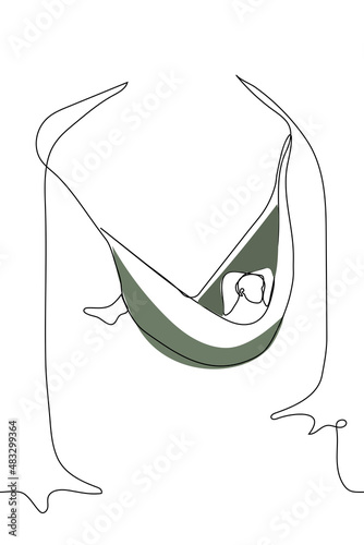 man lies in hammock tied between two trees - one line drawing of vector. sleeping or relaxing in nature with hammock, picnic in forest, sleeping outside