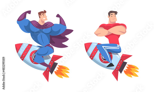 Man Superhero in Cloak Flying on Space Rocket Moving Upward Vector Set